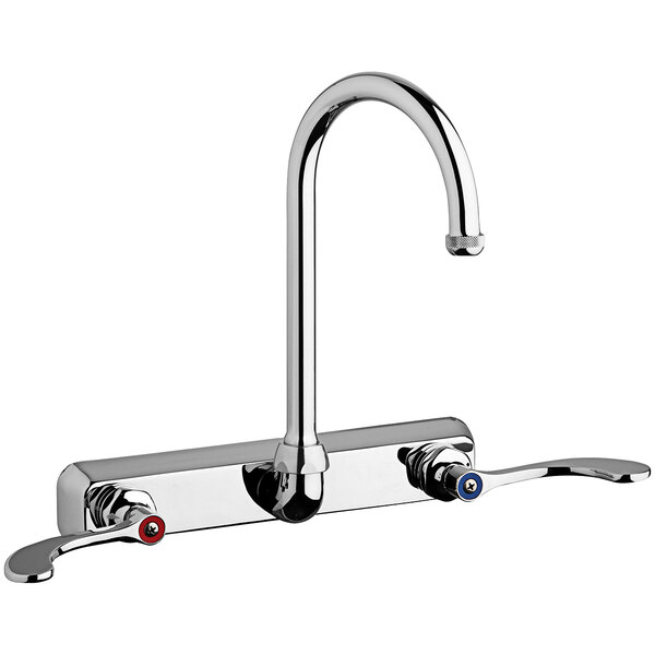 A silver and chrome Chicago Faucets wall-mounted sink faucet with gooseneck spout and red and blue knobs.
