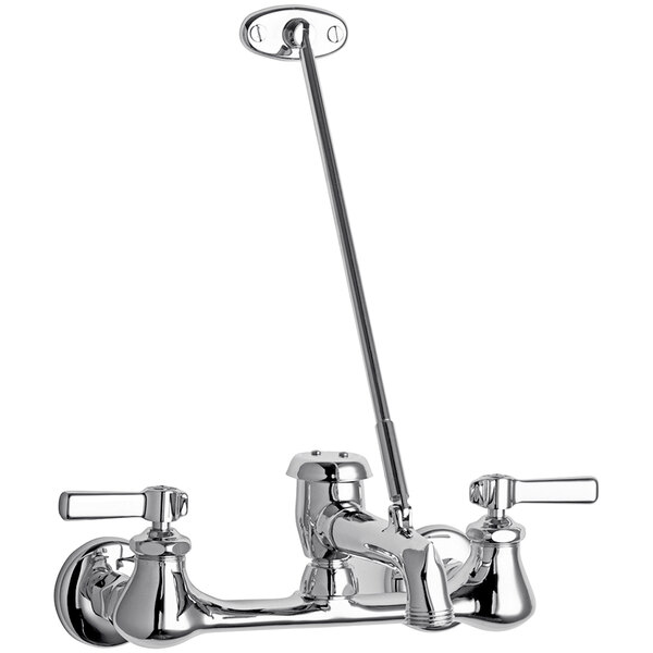 A Chicago Faucets wall-mounted mop sink faucet with two chrome lever handles.