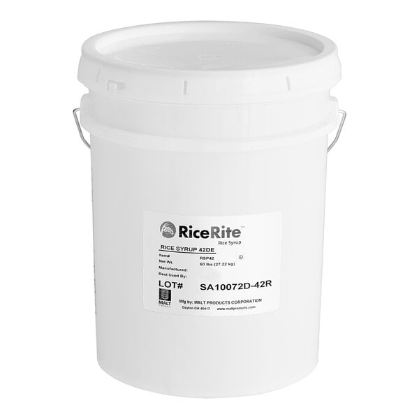 A white plastic bucket of Malt Products RiceRite 42DE Rice Syrup with a white label and lid.