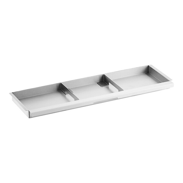 A stainless steel Cooking Performance Group grease tray with three compartments.