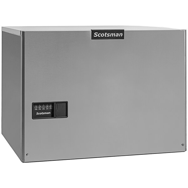 A grey rectangular Scotsman ice machine with black buttons.