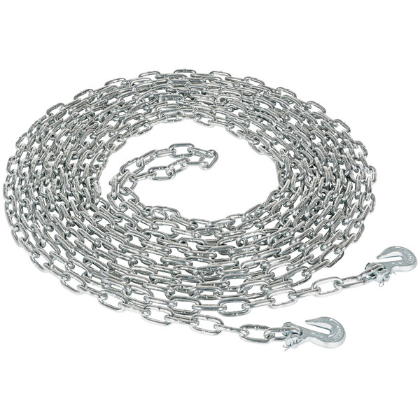 A roll of silver steel chain with hooks on it.