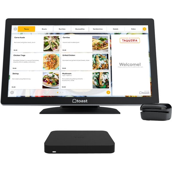 A black rectangular Toast self-service tablet on a counter with a menu on the screen.