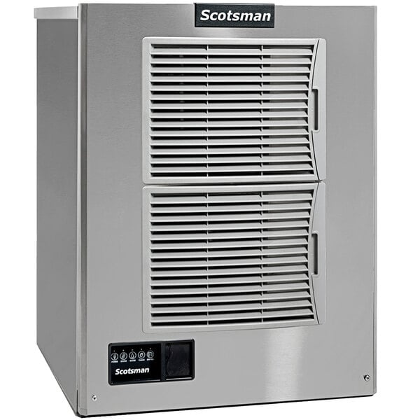 A grey rectangular Scotsman air cooled ice machine with a vent on the side.