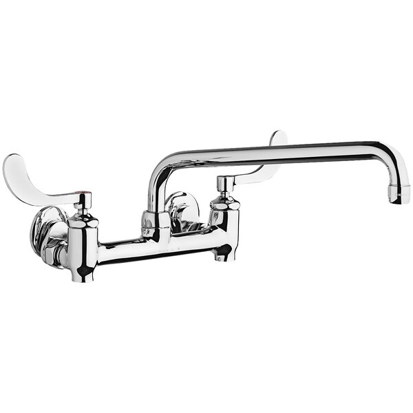 A chrome Chicago Faucets wall-mounted faucet with two wristblade handles and a swing spout.