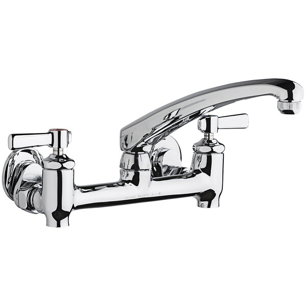 A Chicago Faucets wall-mounted faucet with an L-type swing spout and 2 lever handles.