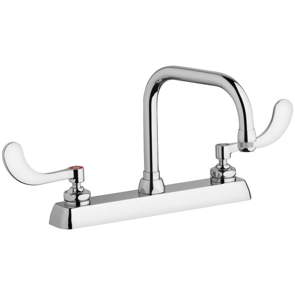 A chrome Chicago Faucets deck-mounted faucet with two handles and a gooseneck spout.