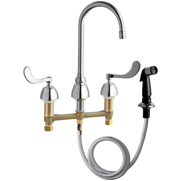A chrome Chicago Faucets deck-mounted faucet with a gooseneck spout and side spray hose.