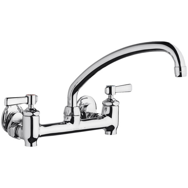 A Chicago Faucets wall-mounted faucet with an L-type swing spout and lever handles.