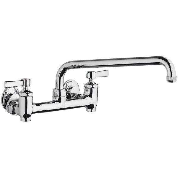 A chrome Chicago Faucets wall-mounted faucet with two lever handles.