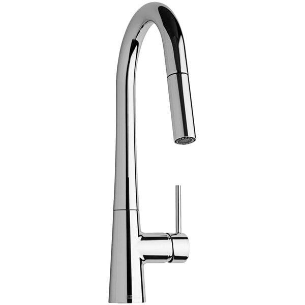A silver Chicago Faucets deck-mounted kitchen faucet with a tubular brass pull-down spout.