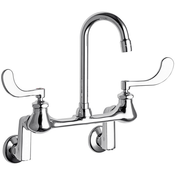 A Chicago Faucets wall-mounted faucet with chrome finish, two handles, and a gooseneck spout.