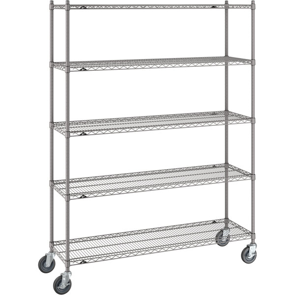A gray Metro Super Erecta wire shelving unit with wheels.