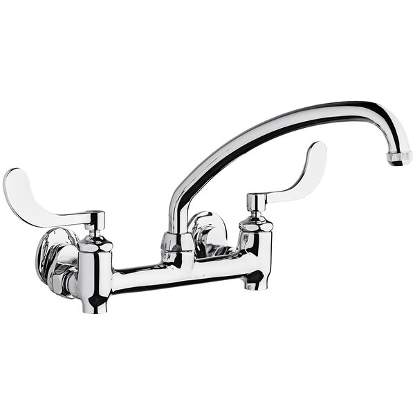 A chrome Chicago Faucets wall-mounted faucet with an L-type swing spout and wristblade handles.