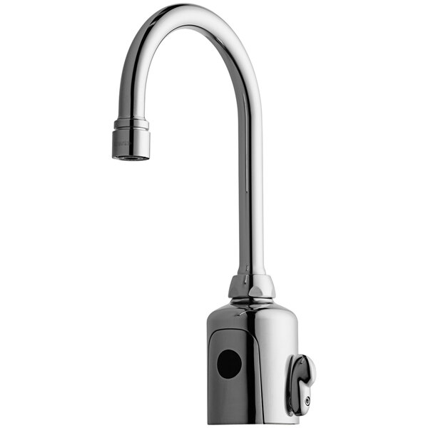 A Chicago Faucets chrome deck-mounted faucet with a gooseneck spout and a single handle.