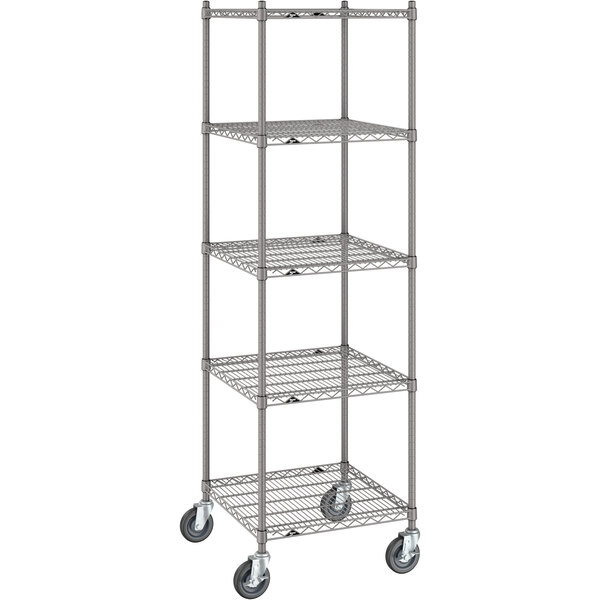 A Metro Super Erecta wire shelving unit kit in gray with wheels.