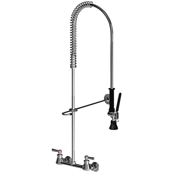 A Chicago Faucets chrome wall-mounted pre-rinse faucet with a flexible hose.