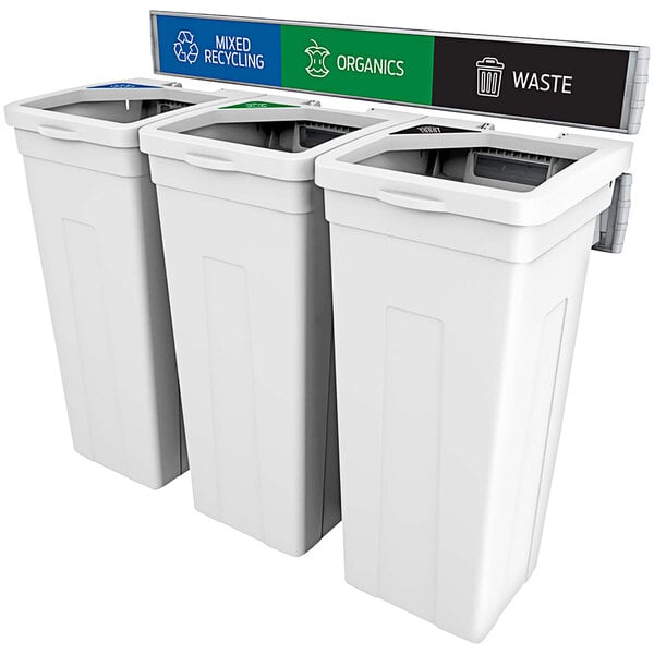 A group of white Busch Systems decorative trash cans with labels for mixed recyclables, organics, and waste.