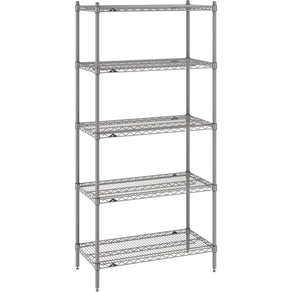 A Metro Super Erecta wire-frame shelving unit with four metal shelves.
