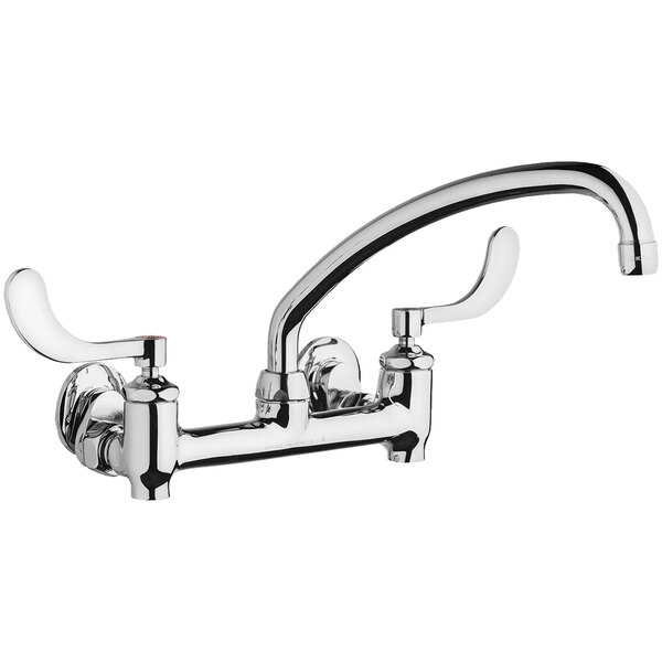 A Chicago Faucets wall-mounted faucet with two L-type swing spouts and wristblade handles.