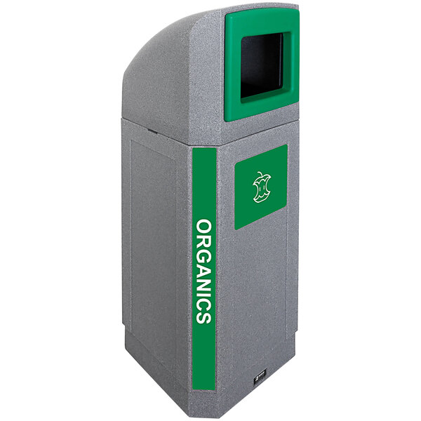 A grey and green Busch Systems outdoor organics receptacle with the word "organic" on it.