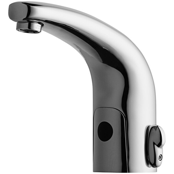 A chrome deck-mounted electronic faucet with a black handle.