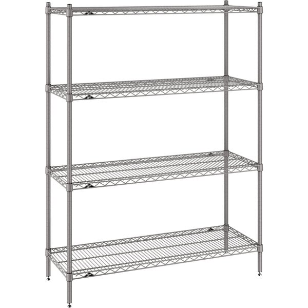A Metro gray wire shelving unit with three shelves.