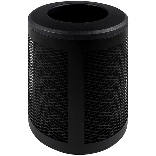A black powder-coated steel Busch Systems decorative waste receptacle with mesh on the top.