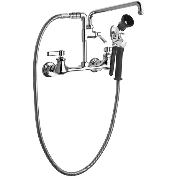 A Chicago Faucets wall-mounted pre-rinse faucet with a hose attachment.