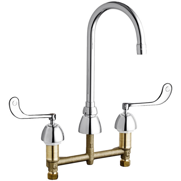 A chrome Chicago Faucets deck-mounted faucet with two elbow blade handles.