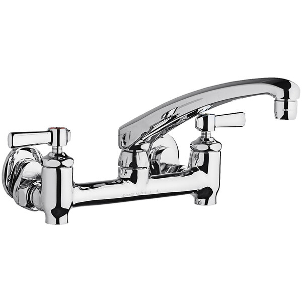 A chrome Chicago Faucets wall-mounted faucet with an L-type swing spout and two lever handles.