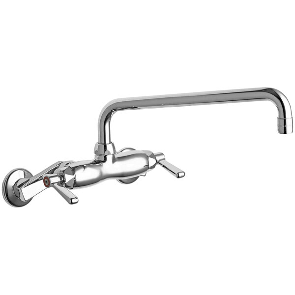 A silver Chicago Faucets wall-mounted faucet with an L-type swing spout.