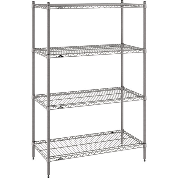 A Metro Super Erecta wire shelving unit with three gray shelves.