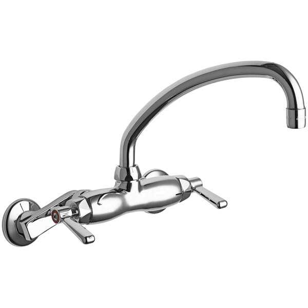 A chrome Chicago Faucets wall-mounted faucet with a single L-type swing spout.