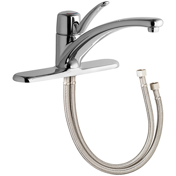 A close-up of a silver Chicago Faucets deck-mounted faucet with a hose attached.