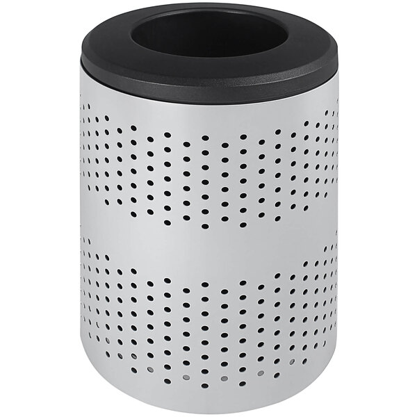A silver and black Busch Systems Portland decorative waste receptacle with holes in it.