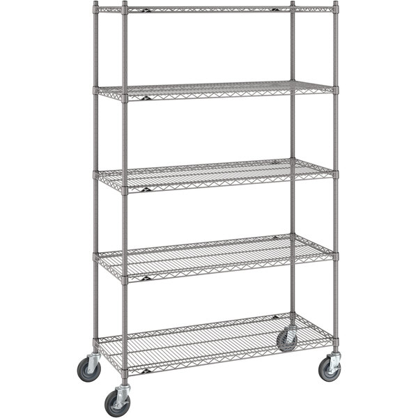 A gray Metro mobile wire shelving unit with wheels.