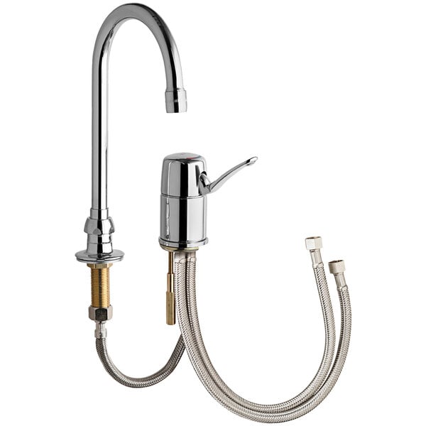 A chrome Chicago Faucets deck-mounted faucet with a rigid / swing gooseneck spout and a hose attached.