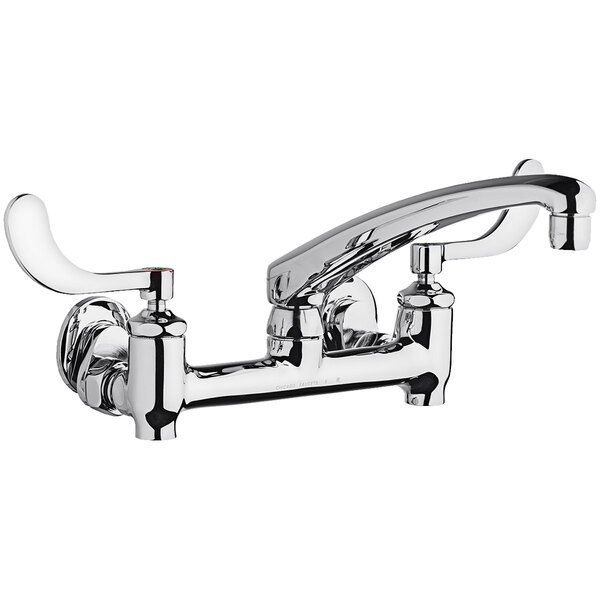 A Chicago Faucets wall-mounted faucet with L-type swing spout and wristblade handles.