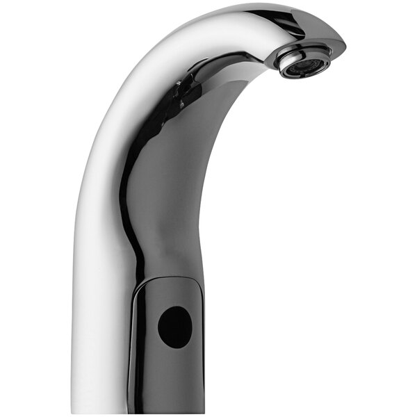 A close-up of a Chicago Faucets HyTronic deck-mounted touch-free faucet with contemporary spout in a chrome finish.