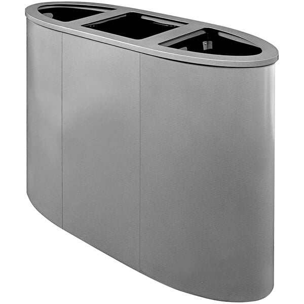 A Busch Systems Pacific grey powder-coated steel rectangular waste receptacle with three compartments.