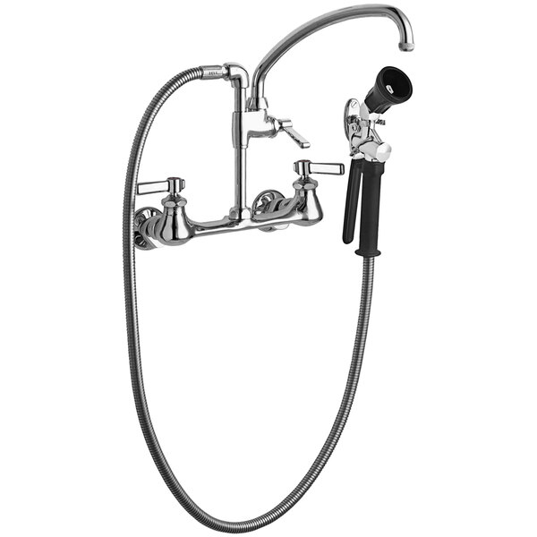A Chicago Faucets wall-mounted pre-rinse faucet with a chrome finish and hose.