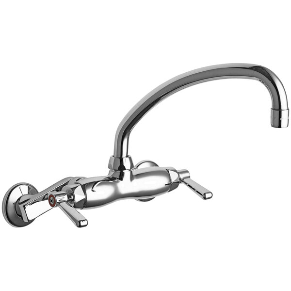 A silver Chicago Faucets wall-mounted faucet with a chrome finish and an L-type swing spout.