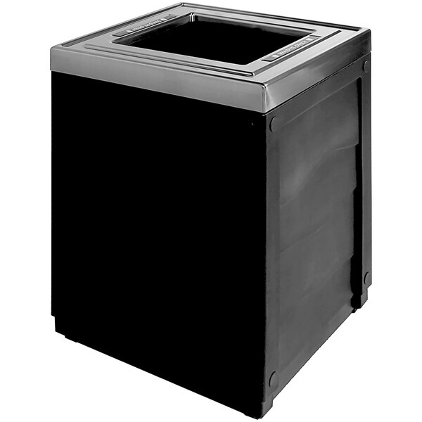 A black rectangular Busch Systems Evolve decorative waste receptacle with a square lid.