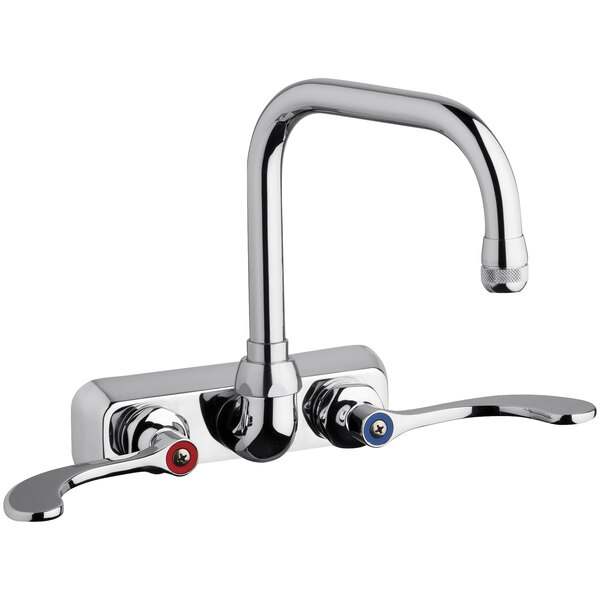 A chrome Chicago Faucets wall-mounted faucet with two silver handles and red and blue accents.