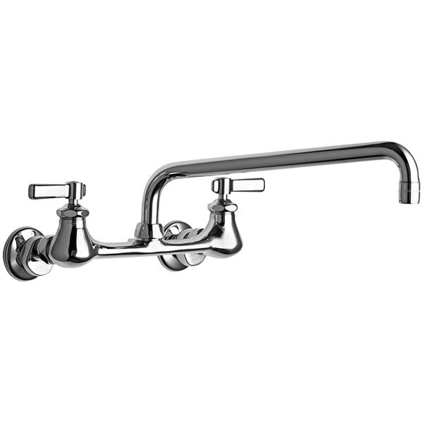 A chrome Chicago Faucets wall-mounted faucet with two handles and a 12" L-type swing spout.