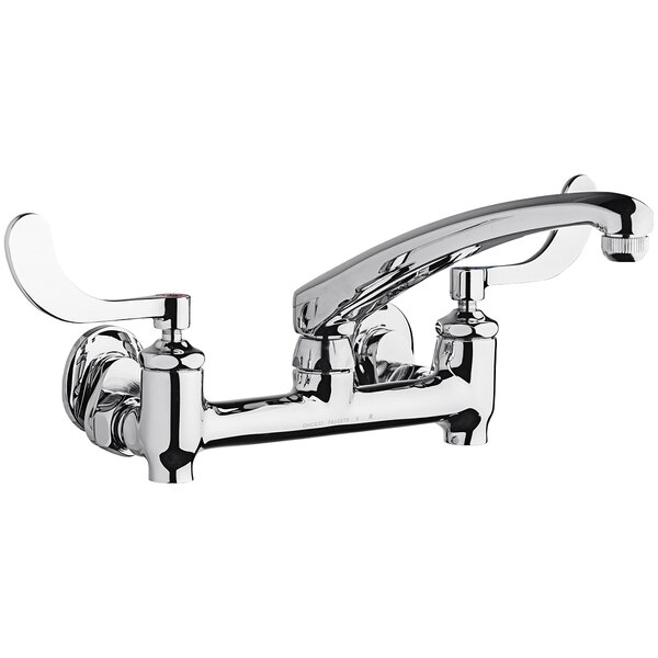 A Chicago Faucets wall-mounted faucet with an L-type swing spout and wristblade handles.