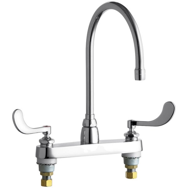 A Chicago Faucets deck-mounted faucet with two gooseneck spouts and two handles.