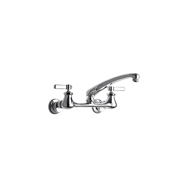 A chrome Chicago Faucets wall-mounted faucet with two handles and a swing spout.