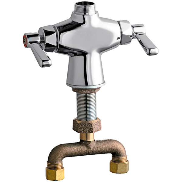 A Chicago Faucets deck-mounted single-hole pre-rinse faucet with a brass lever handle.